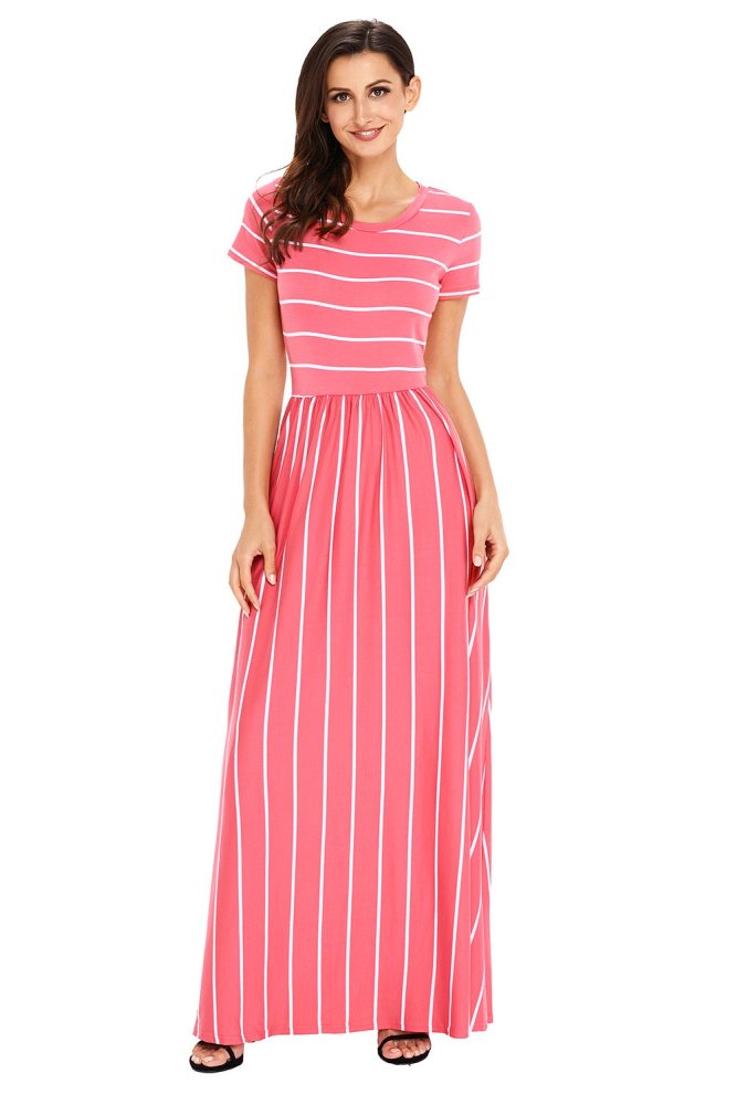 Striped Rosy Short Sleeve Maxi Dress