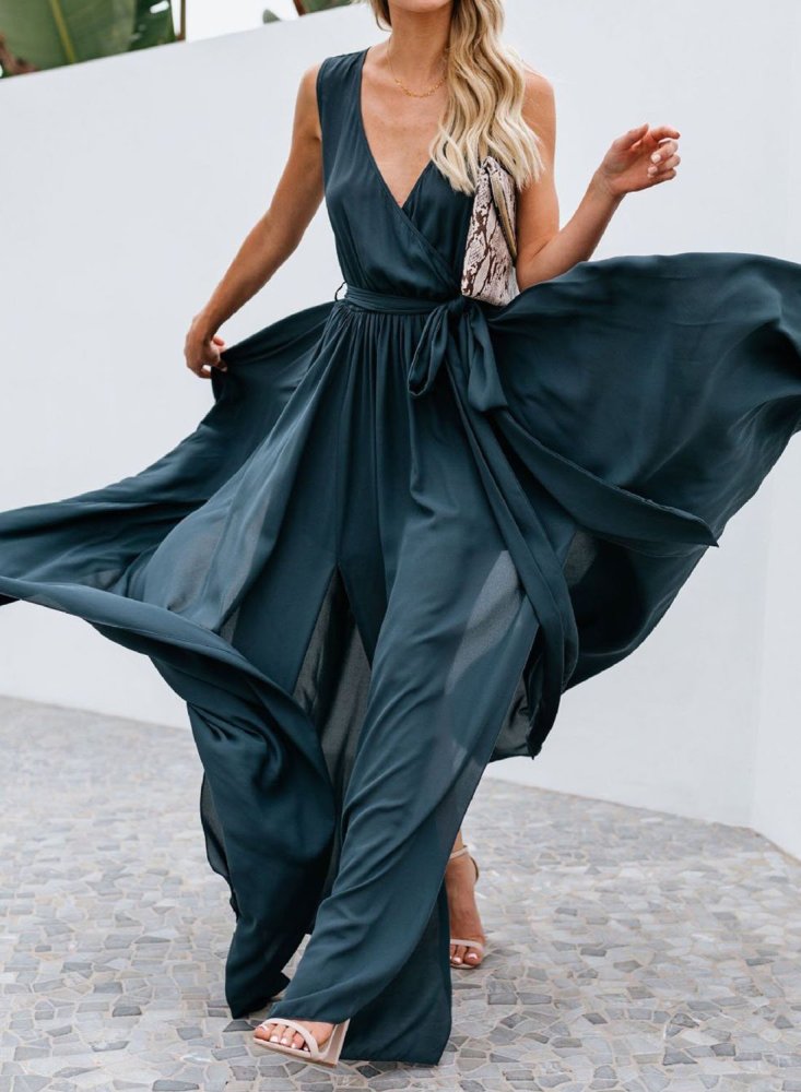 Sleeveless Pleated Split Knot Front Maxi Dress