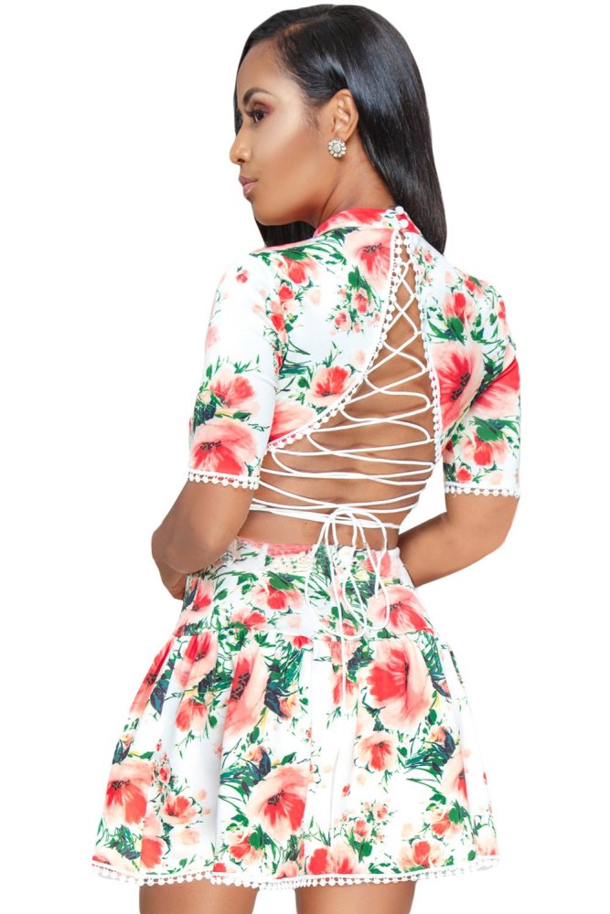 Royal Blue Multicolor Floral Lace-up Back Short Skater Dress