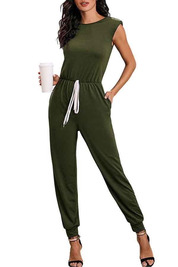 Women's Sleeveless Jumpsuits With Shoulder Padded And Waist Drawstring