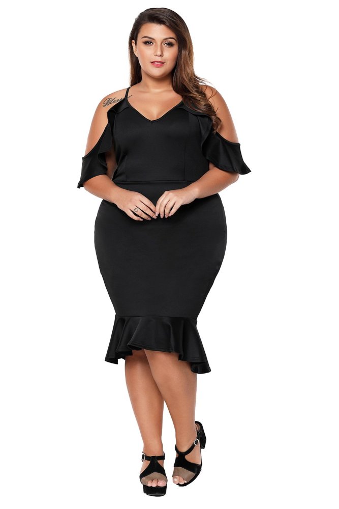 Plus Size Ruffle Cold Shoulder Flounced Party Dress