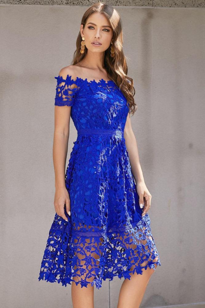 Off Shoulder Short Sleeve Crochet Party Dress