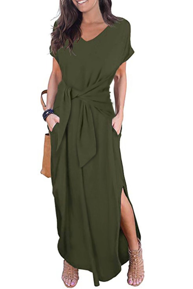 Casual Loose Pocket Short Sleeve Split Maxi Dress
