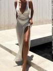 Sleeveless V Neck Sheer Maxi Dress With Slit