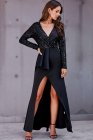 Long Sleeve V Neck Wrapped Sequin Bodice Long Party Dress