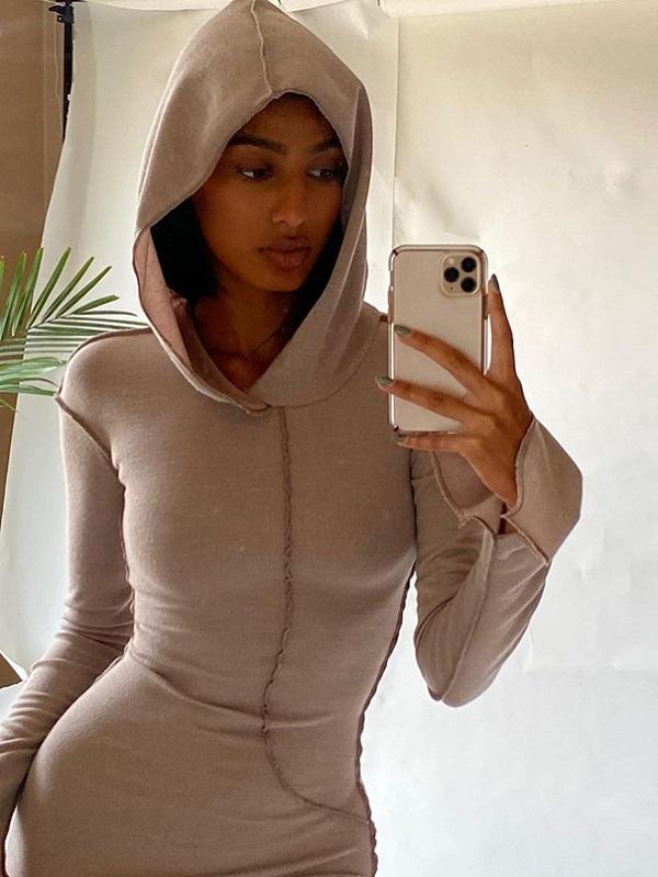 Plus Size Hooded Long Sleeve Maxi Dress Womens Sexy Bodycon Dress