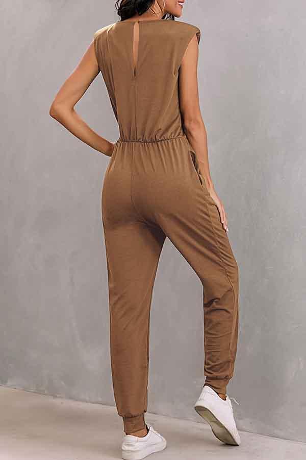 Women's Sleeveless Jumpsuits With Shoulder Padded And Waist Drawstring