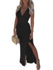 Sleeveless V Neck Sheer Maxi Dress With Slit