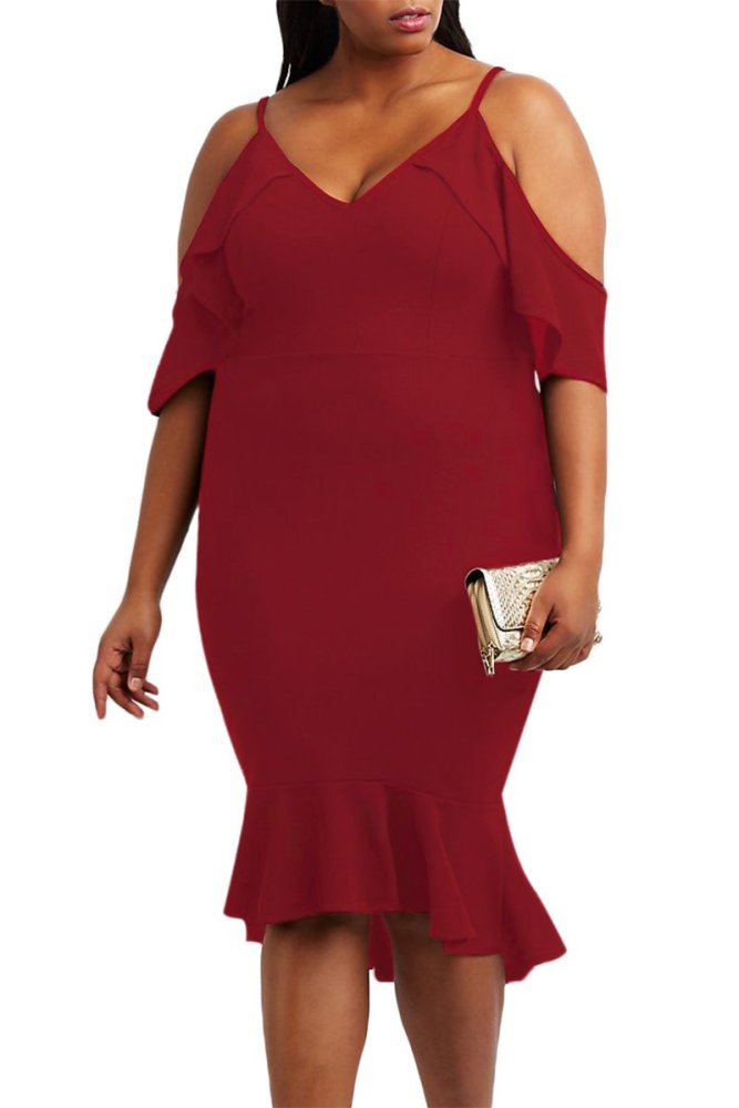 Plus Size Ruffle Cold Shoulder Flounced Party Dress