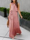 Solid Color Halter Neck Top Sleeveless Layered Maxi Dress With Belt