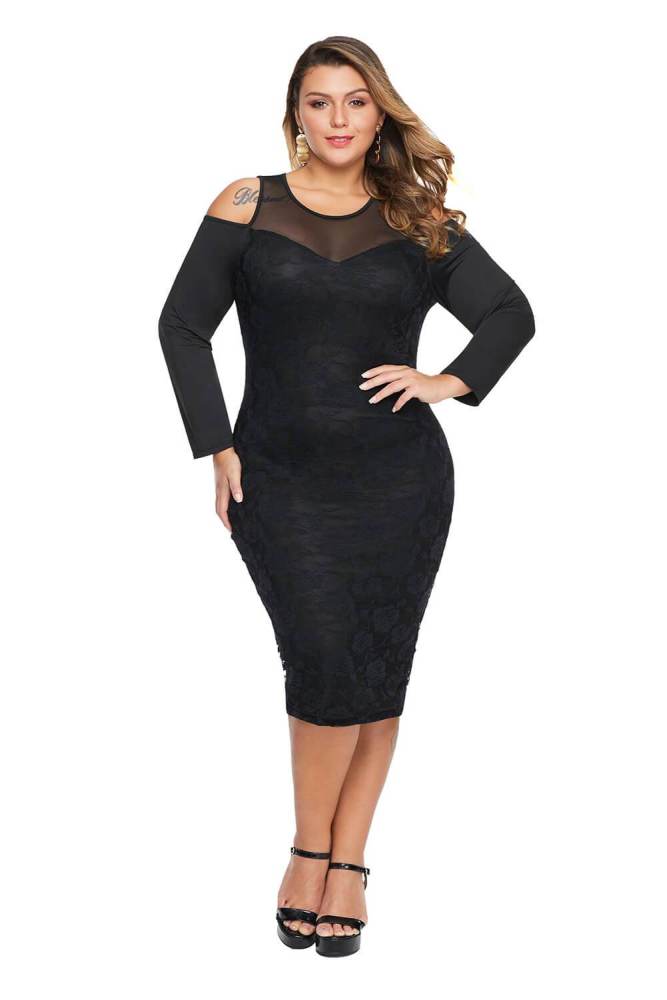 Cold Shoulder Mesh Yoke Plus Size Dress