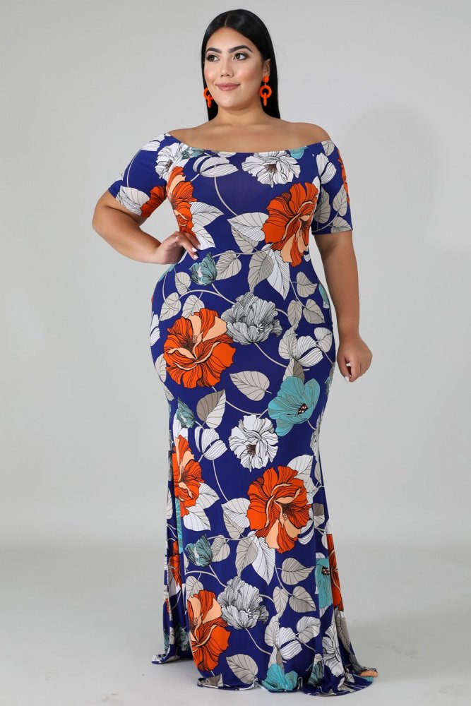 Off-the-shoulder Floral Print Plus Size Maxi Dress