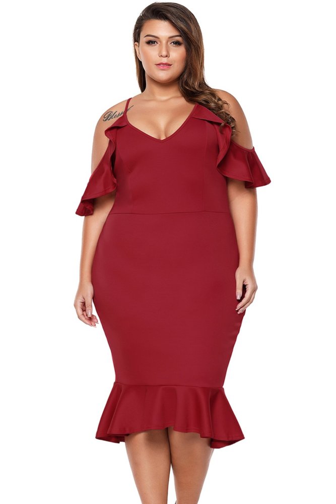 Plus Size Ruffle Cold Shoulder Flounced Party Dress