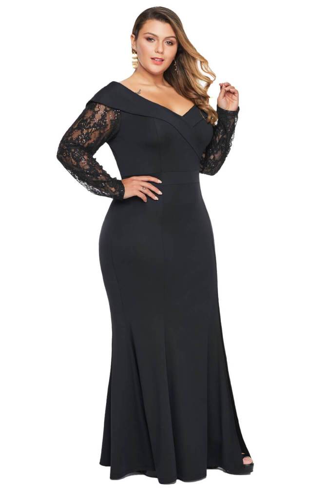 Beaded Lace Sleeve Off Shoulder Plus Size Gown