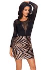 Sheer Mesh Long Sleeve Gold Sequin Club Dress