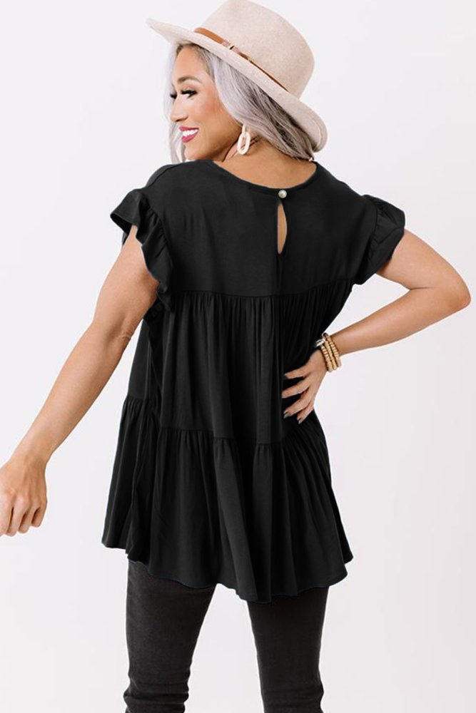 Short Sleeve Keyhole Ruffled Babydoll Top