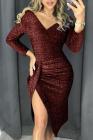 Glitter Ruched Thigh Slit Party Metallic Dress