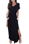 Casual Loose Pocket Short Sleeve Split Maxi Dress