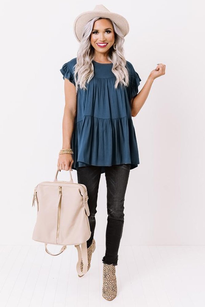 Short Sleeve Keyhole Ruffled Babydoll Top