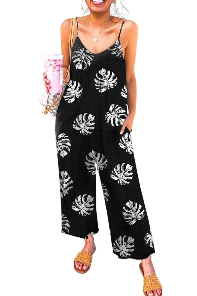 Palm Leaves Print Spaghetti Strap Wide Leg jumpsuit