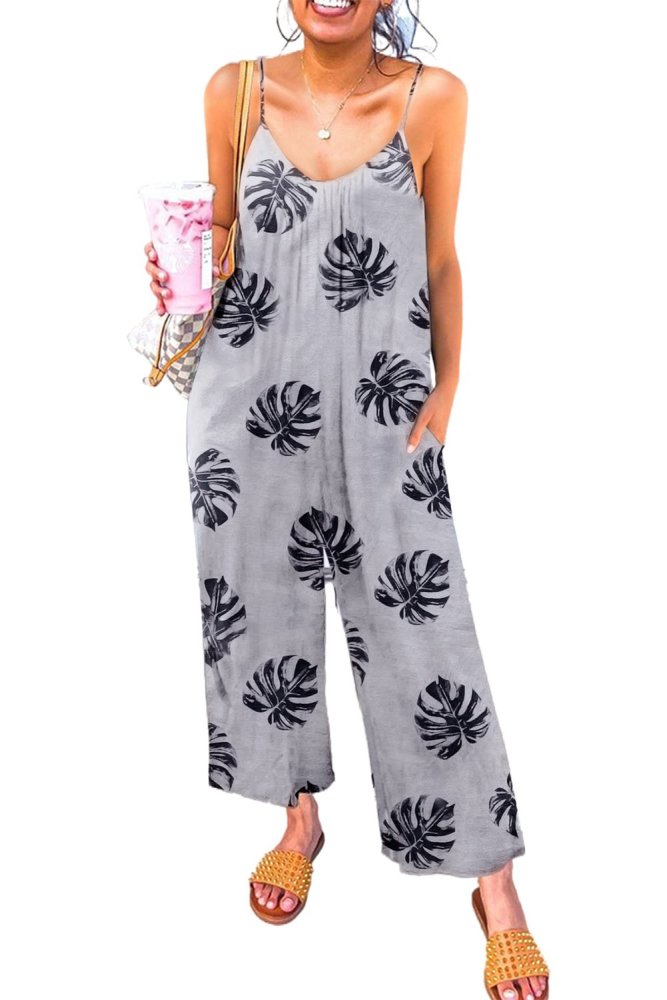 Palm Leaves Print Spaghetti Strap Wide Leg jumpsuit