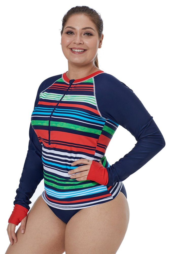 Multicolor Striped Long Sleeve Front Zip Rashguard Top