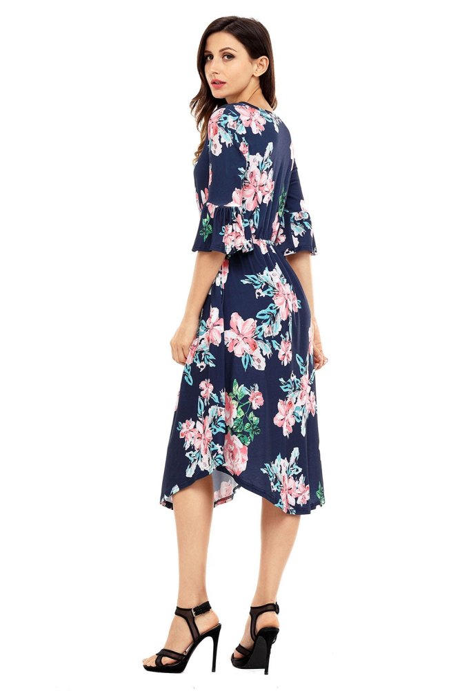 Light Blue 3/4 Bell Sleeve Floral Midi Dress