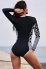 Mottled Splice Long Sleeve Zip Front One Piece Swimsuit
