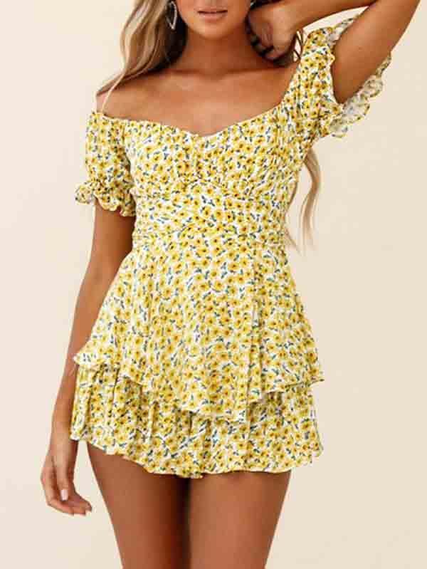 Women's Off Shoulder Short Sleeves Layered Ruffle Rompers