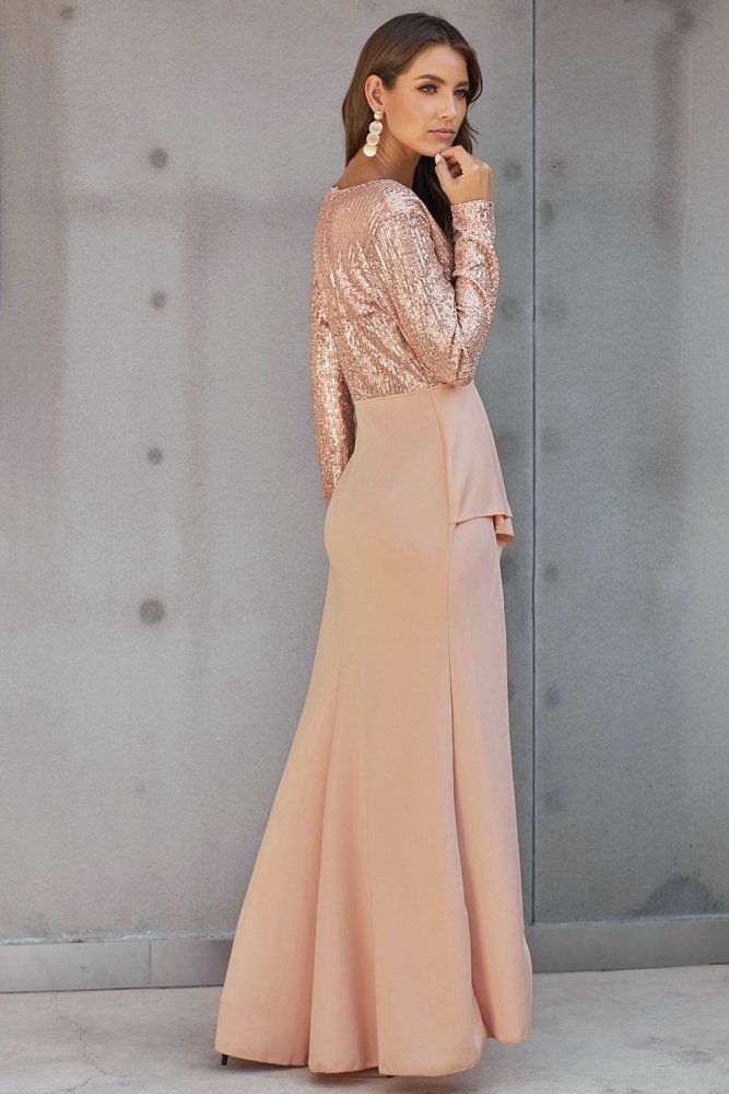 Long Sleeve V Neck Wrapped Sequin Bodice Long Party Dress