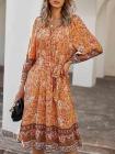 Women's Long Sleeve V Neck Floral Bohemian Dress