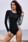 Mottled Splice Long Sleeve Zip Front One Piece Swimsuit