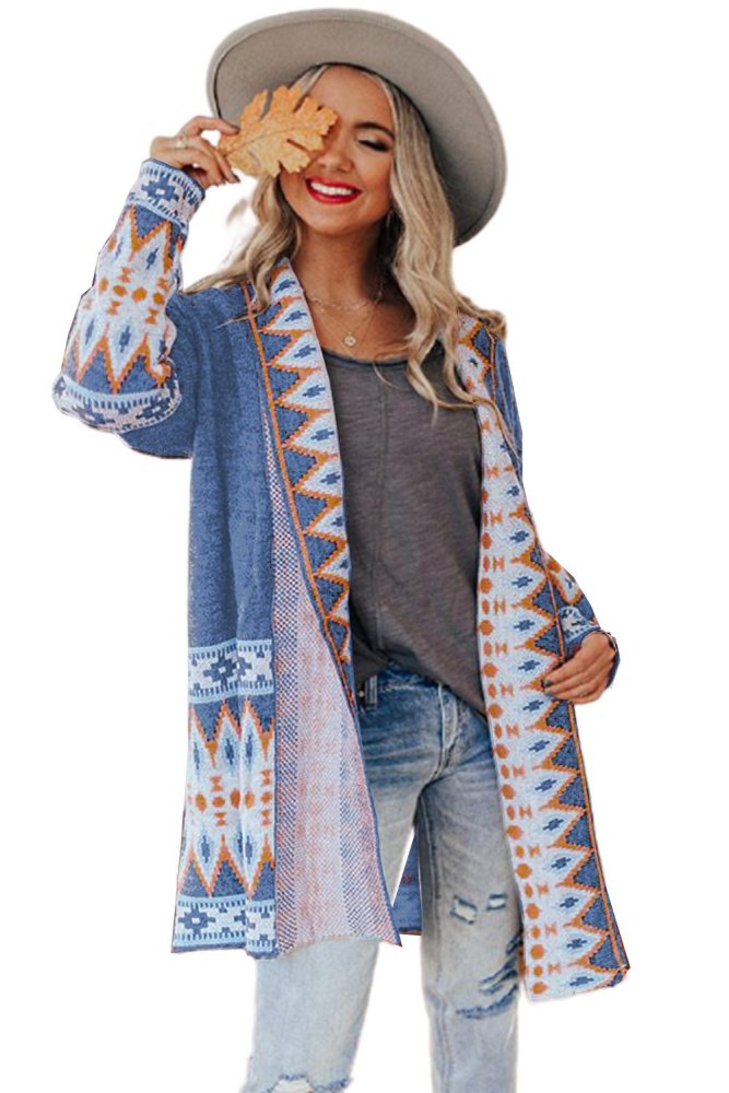 Aztec Print Open Front Knitted Cardigan