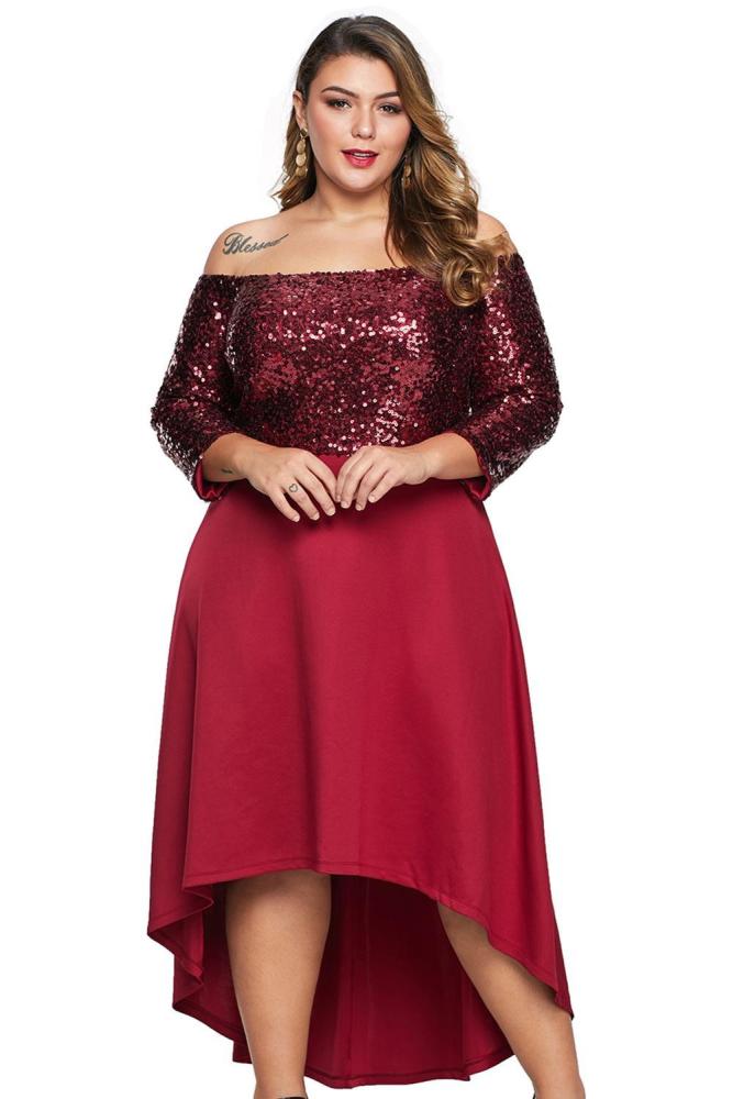 Off Shoulder Sequin Bodice Hi-lo Plus Size Dress