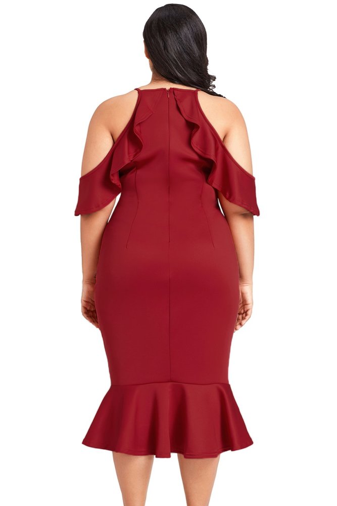 Plus Size Ruffle Cold Shoulder Flounced Party Dress