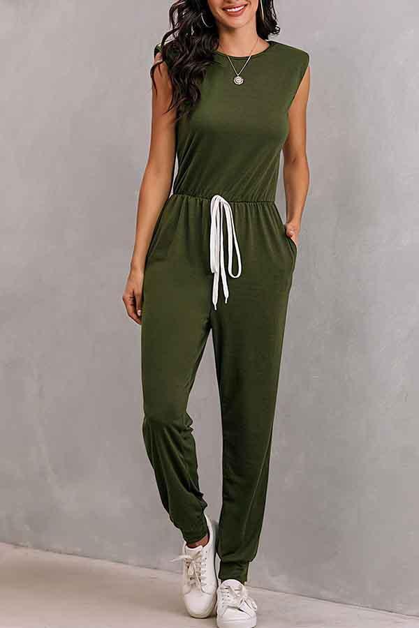 Women's Sleeveless Jumpsuits With Shoulder Padded And Waist Drawstring