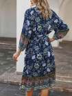 Women's Long Sleeve V Neck Floral Bohemian Dress