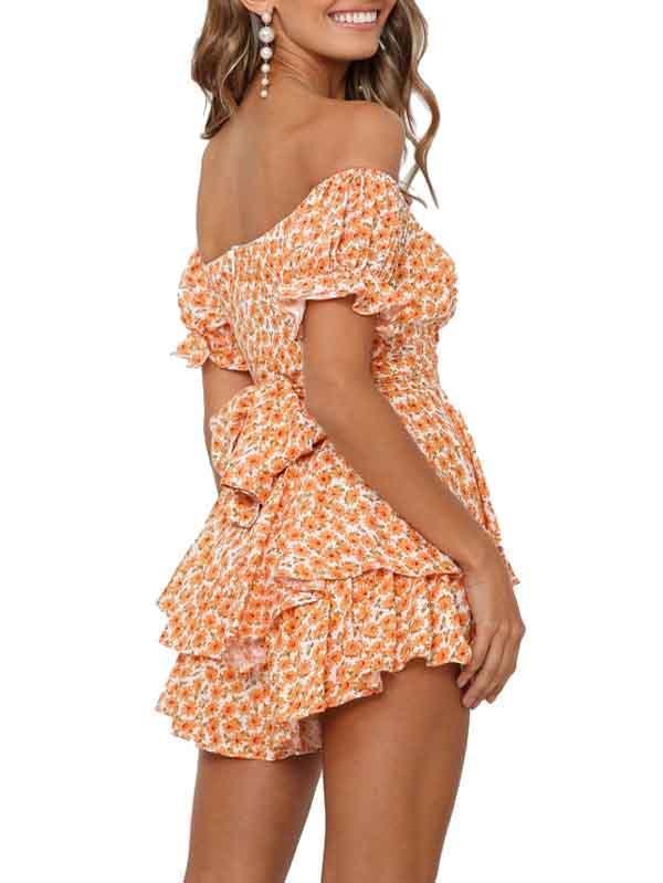 Women's Off Shoulder Short Sleeves Layered Ruffle Rompers