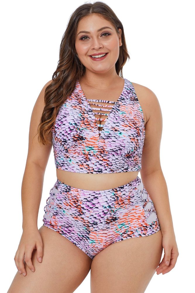 Plus Size Tropical Print Neck Detail Two Piece Swimwear