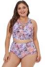 Plus Size Tropical Print Neck Detail Two Piece Swimwear