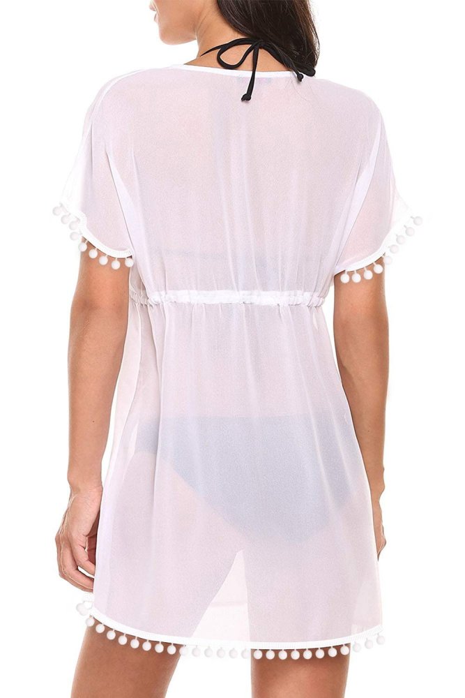 Deep V Neck Pom Pom Beach Tunic