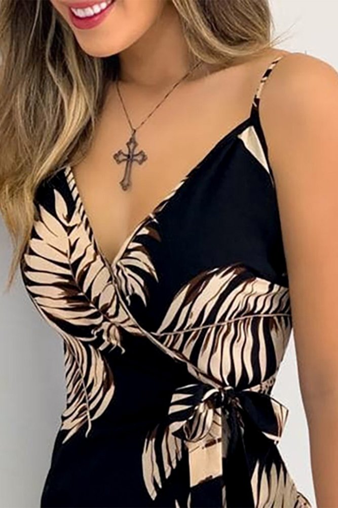 V Neck Leaf Print Mini Dress