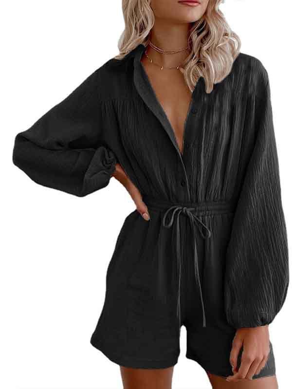 Black Long Sleeve Romper Button Down Short Jumpsuit For Women