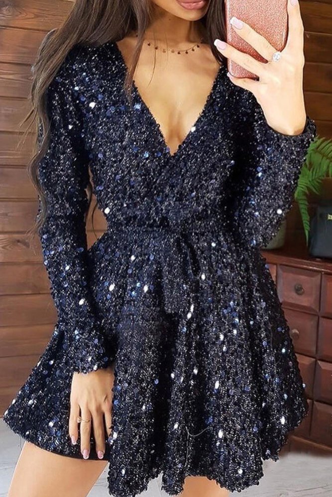 Sequin Deep V Long Sleeve Evening Dress with Waist Tie