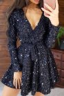 Sequin Deep V Long Sleeve Evening Dress with Waist Tie