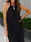 Solid Color Halter Neck Top Sleeveless Layered Maxi Dress With Belt