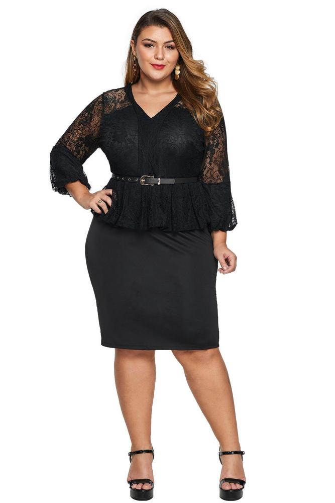 Plus Size Lace Bodice Peplum Dress with Belt