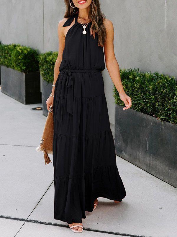 Solid Color Halter Neck Top Sleeveless Layered Maxi Dress With Belt