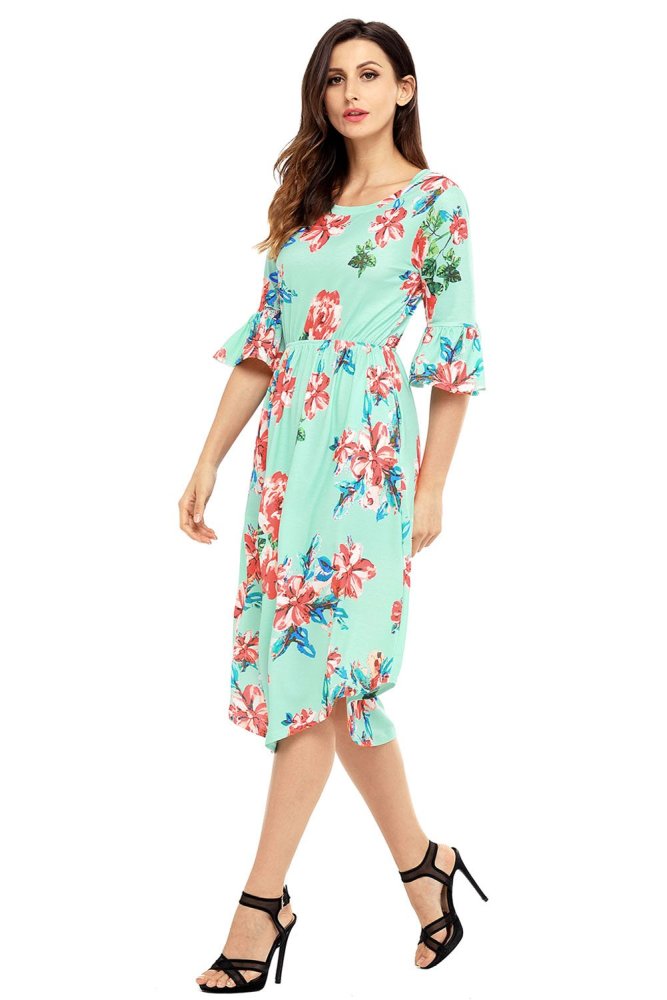 Light Blue 3/4 Bell Sleeve Floral Midi Dress