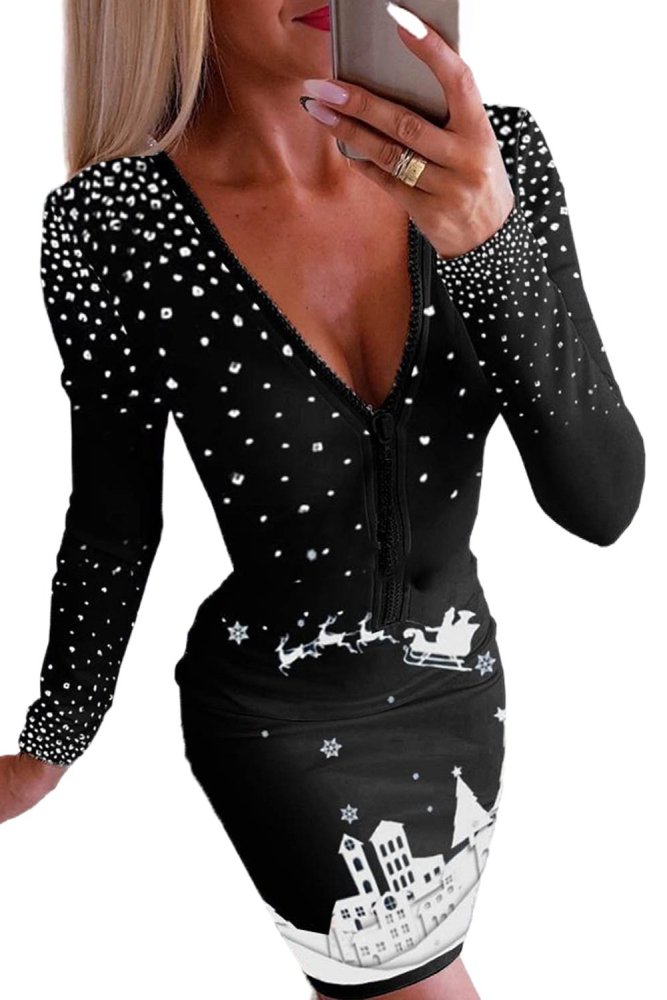 V Neck Studded Christmas Print Zipper Bodycon Mini Dress